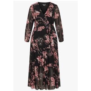 City Chic Bold Blossom Tiered Floral Maxi Dress Black Pink Size 16